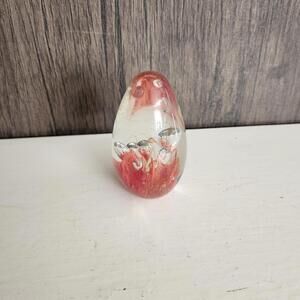 Art Glass Egg Shaped Paperweight Red & Clear Bubble Glass Unsigned